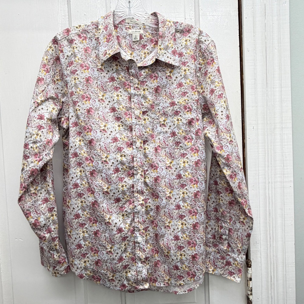 LL Bean Wrinkle Free Womens Small Button Down Floral Shirt Mauve Yellow 504317